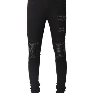 Zip Ripped Knee Stack Skinny Biker Jeans In Black
