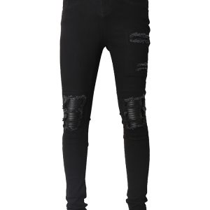 Stack Skinny Biker Jeans With Knee Rips In Black