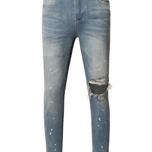 Skinny Jeans With Rips In Mid Wash Blue With Paint Flecks