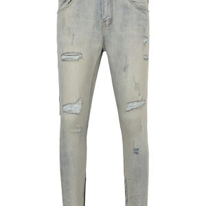 Distressed Skinny Jeans With Zipper In Vintage Dirty Wash Blue