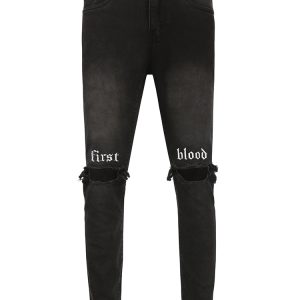 First Blood Embroidered Skinny Jeans With Knee Rips In Grey