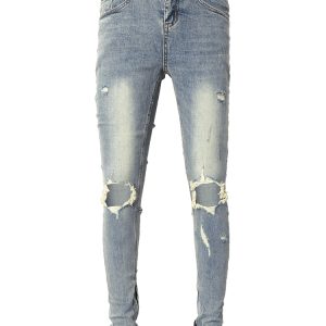 Zip Ripped Knee Stack Skinny Jeans In Blue