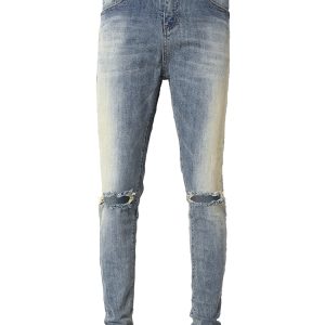 Stack Skinny Jeans With Knee Rips In Mid Wash Blue