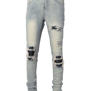 Stack Skinny Biker Jeans With Knee Rips In Blue
