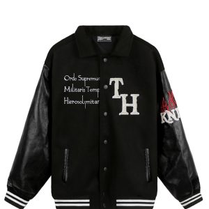 Templar Ankh Leather Collar Varsity Jacket In Black