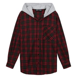 Hooded Flannel Shirt Jacket In Red Green 1