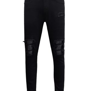 Skinny Biker Jeans With Knee Rips In Black