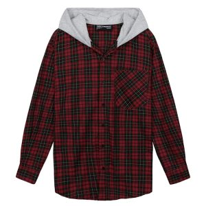 Hooded Flannel Shirt Jacket In Red Green