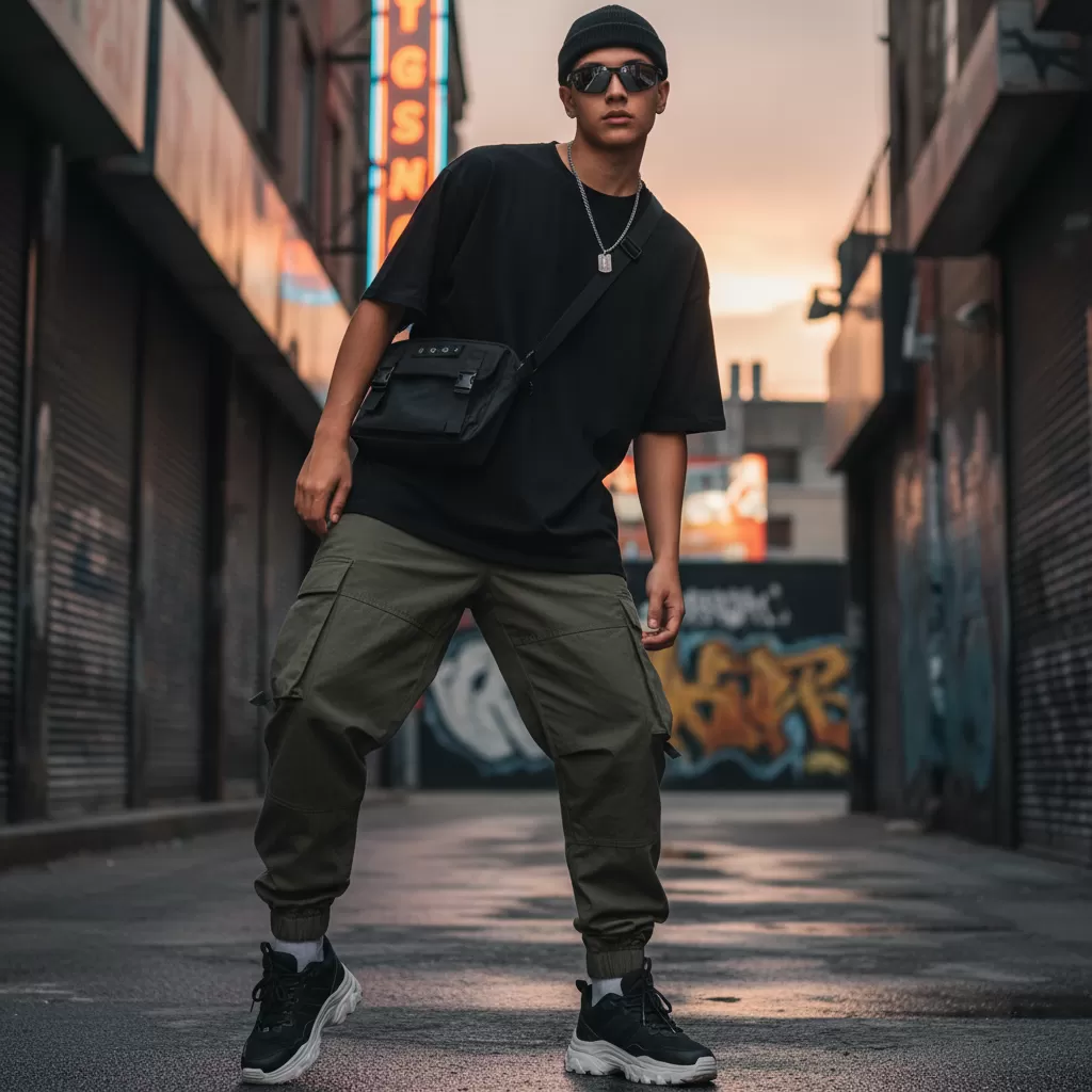 gemini_image_1770602965 Sự kết hợp giữa áo thun đen và quần túi hộp tạo nên vẻ ngoài năng động mạnh mẽ