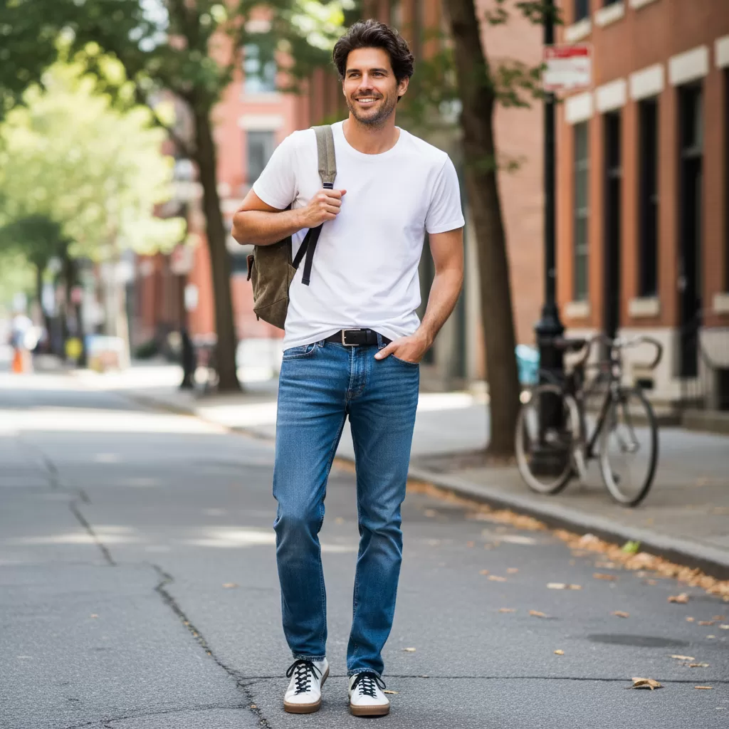 gemini_image_1770603270-1 Sự kết hợp giữa áo thun trắng và quần jeans tạo nên vẻ ngoài năng động và trẻ trung