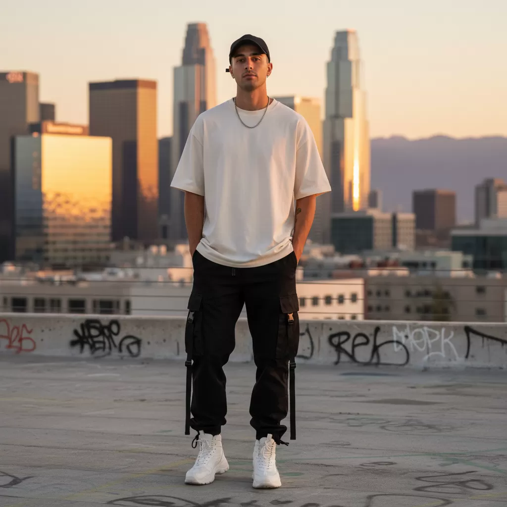 gemini_image_1770603858 Phong cách cá tính khi kết hợp áo thun oversize cùng quần túi hộp cho nam