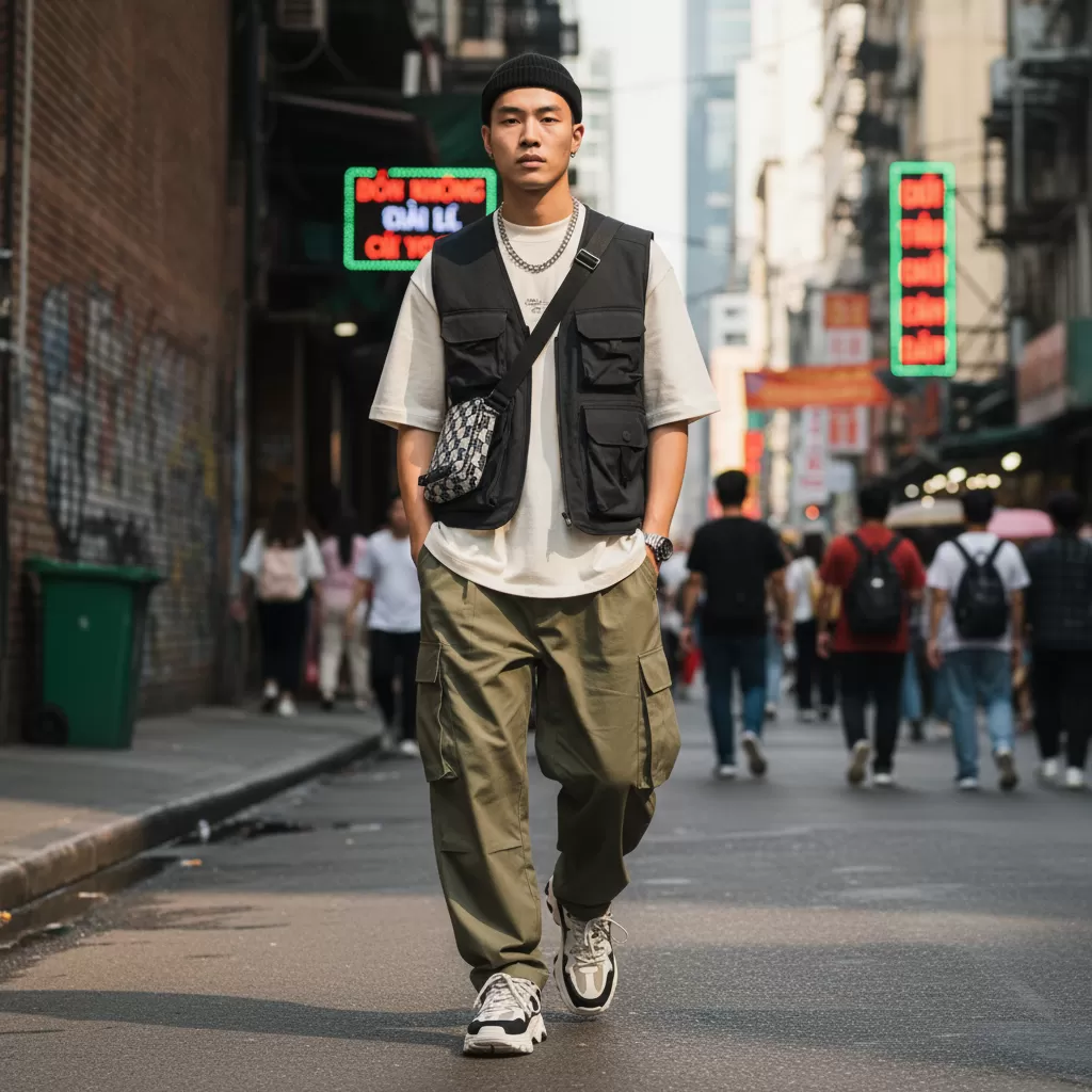 gemini_image_1770604489 Sự kết hợp độc đáo giữa áo thun cổ trụ và tinh thần streetwear