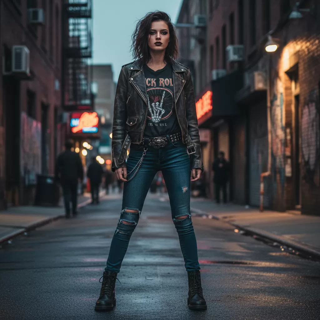 gemini_image_1770605071 Sự kết hợp giữa áo thun Rock và áo khoác da mang lại vẻ ngoài đẳng cấp