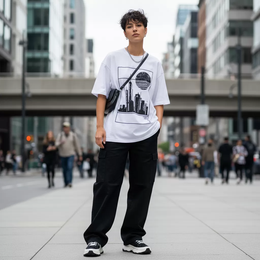 gemini_image_1770605390 Áo thun graphic trắng đen là biểu tượng của phong cách thời trang tối giản và hiện đại