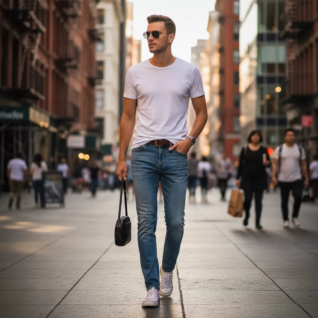 gemini_image_1770605695 Sự kết hợp kinh điển giữa áo thun và quần jean mang lại vẻ ngoài vượt thời gian