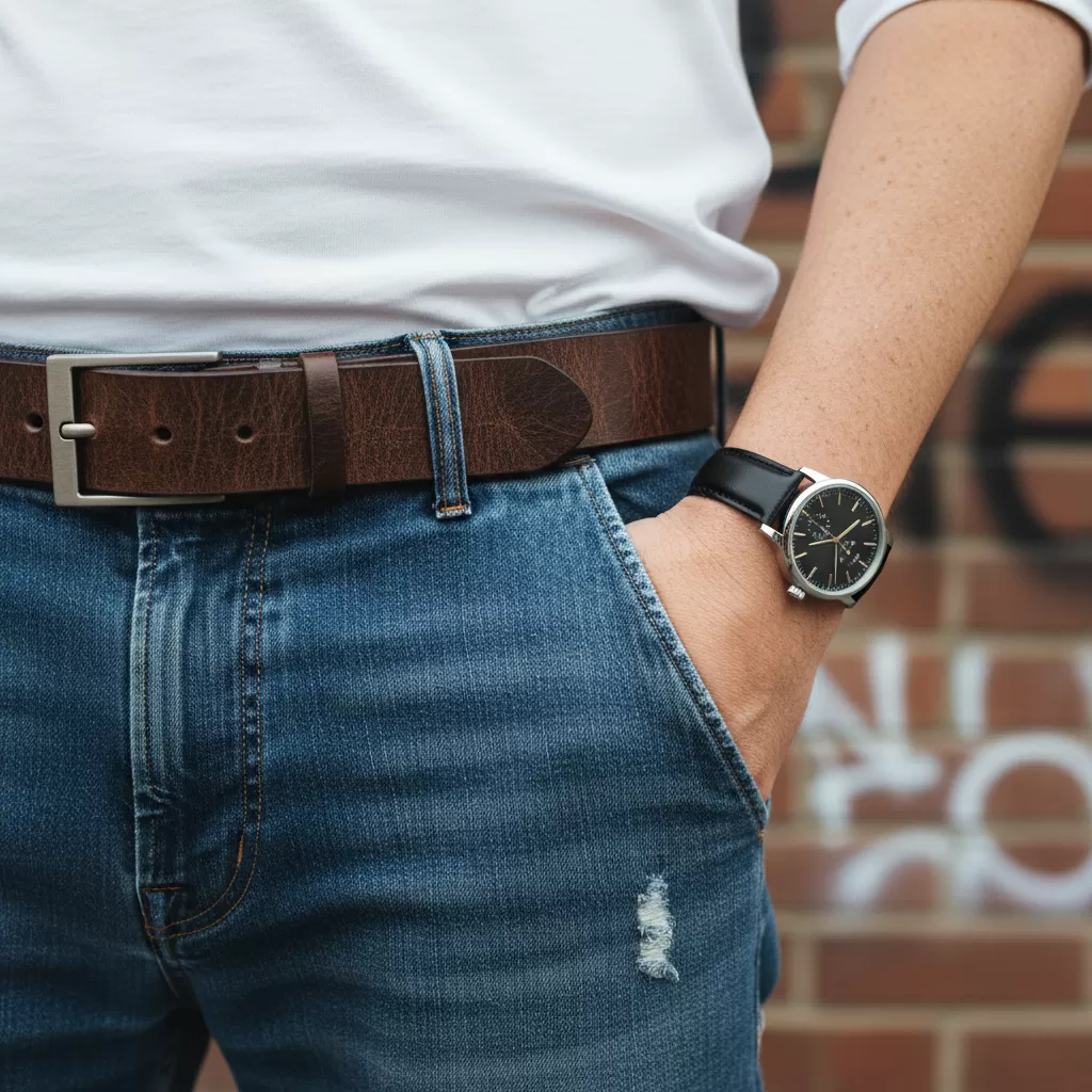 gemini_image_1770605696-1 Phụ kiện tinh tế giúp nâng tầm bộ trang phục áo thun và quần jean đơn giản