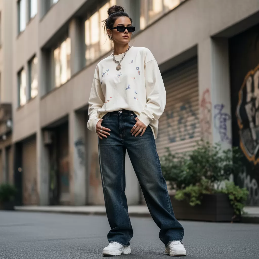 gemini_image_1770605696 Phong cách hiện đại và thoải mái với áo thun oversize và quần jean ống rộng