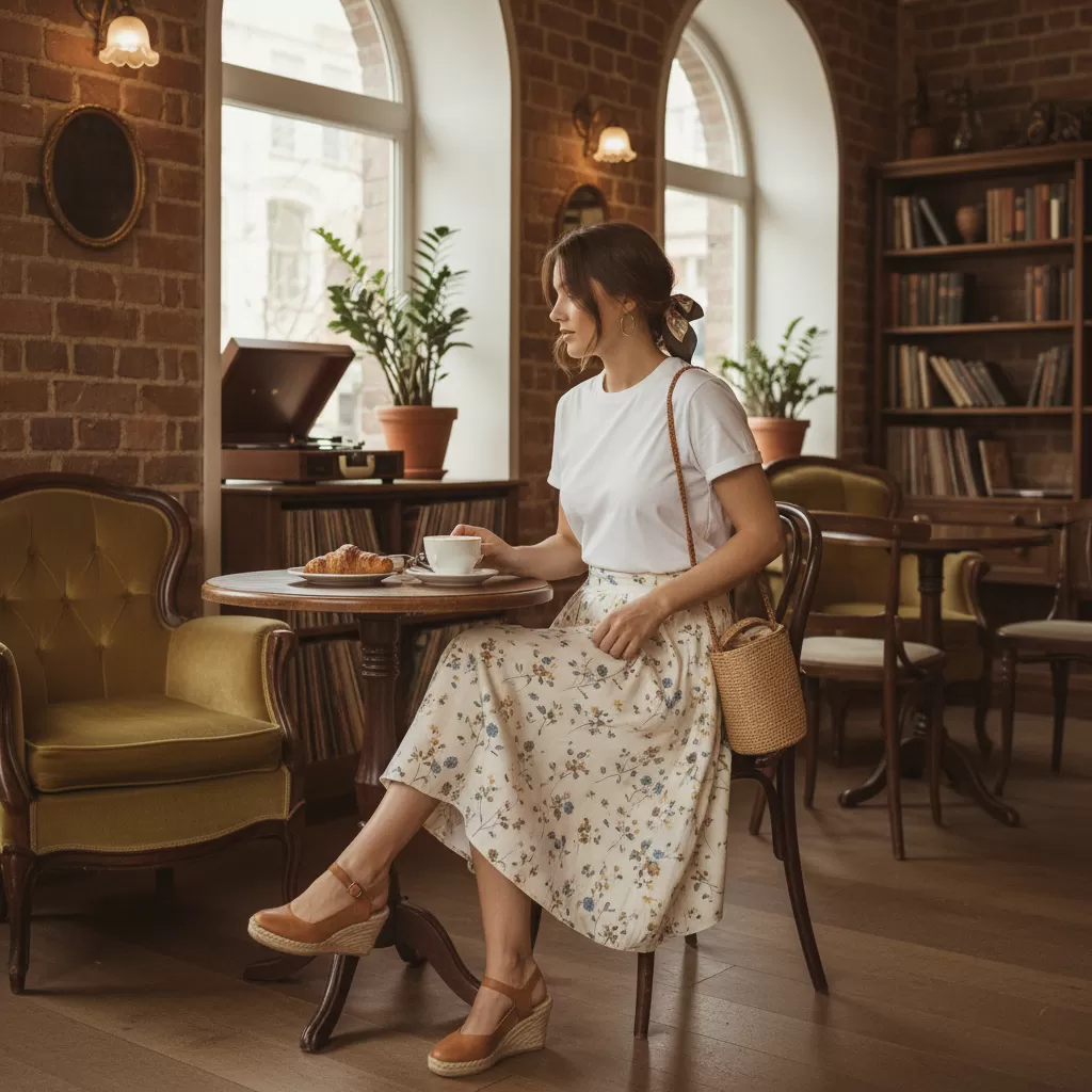 gemini_image_1770605978-1 Sự kết hợp giữa áo thun và chân váy midi tạo nên vẻ ngoài nữ tính và thanh lịch