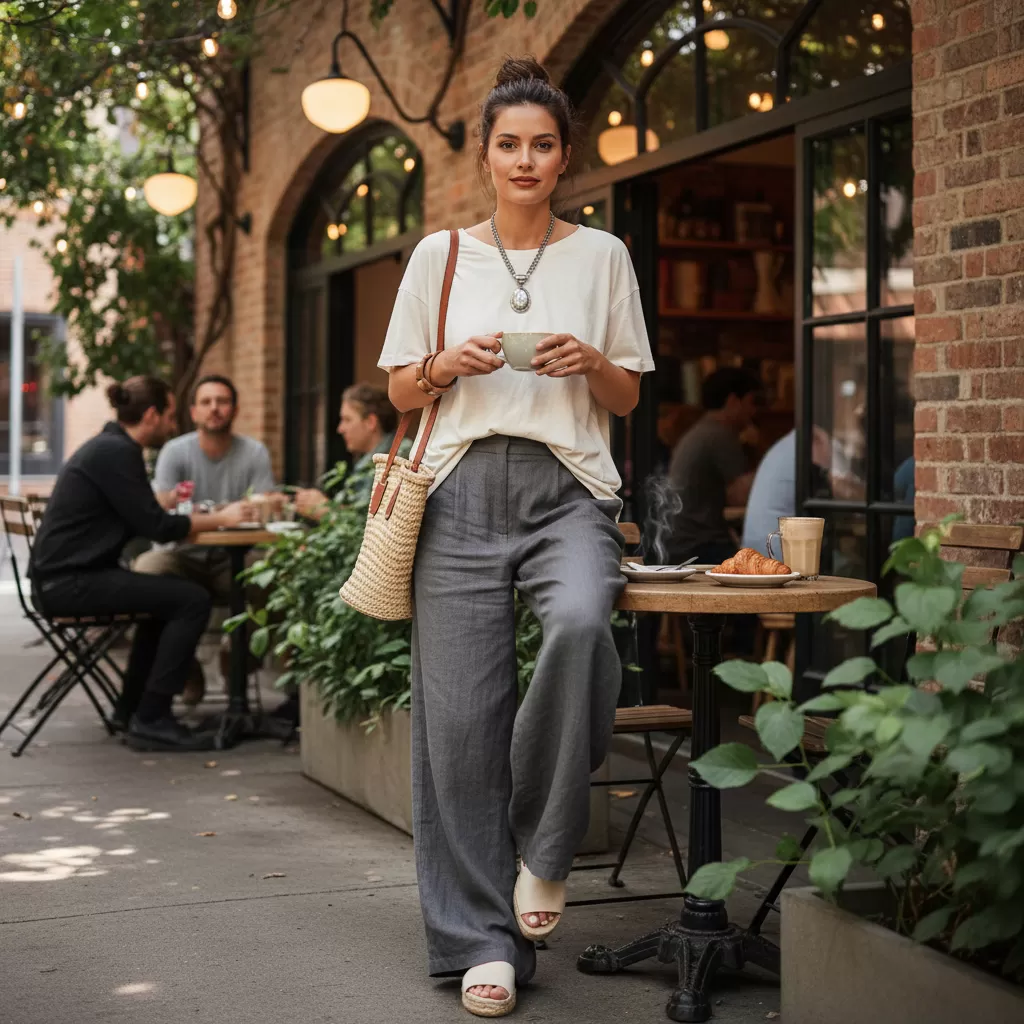 gemini_image_1770605979 Phong cách tối giản nhưng vô cùng thời thượng với áo thun và quần ống rộng