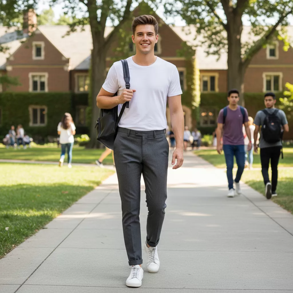 gemini_image_1770606289-1 Sự kết hợp giữa áo thun và quần tây tạo nên phong cách học đường hiện đại