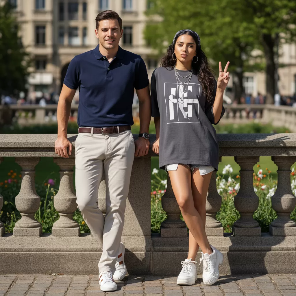 gemini_image_1770606866 Áo thun polo và áo thun dáng rộng mang lại hai sắc thái phong cách hoàn toàn khác biệt