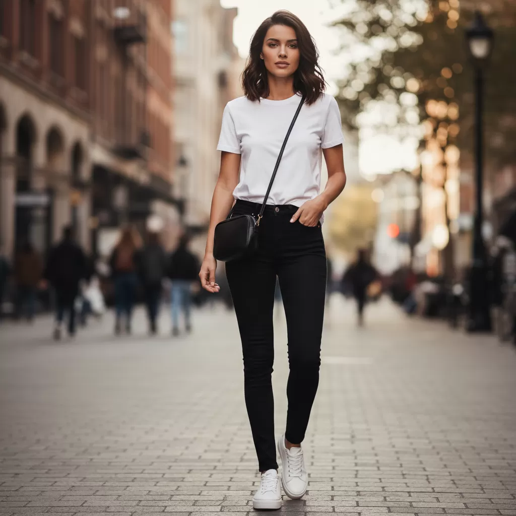 gemini_image_1770607191-1 Sự kết hợp giữa skinny đen và sneaker mang lại vẻ ngoài trẻ trung năng động cho các hoạt động thường ngày