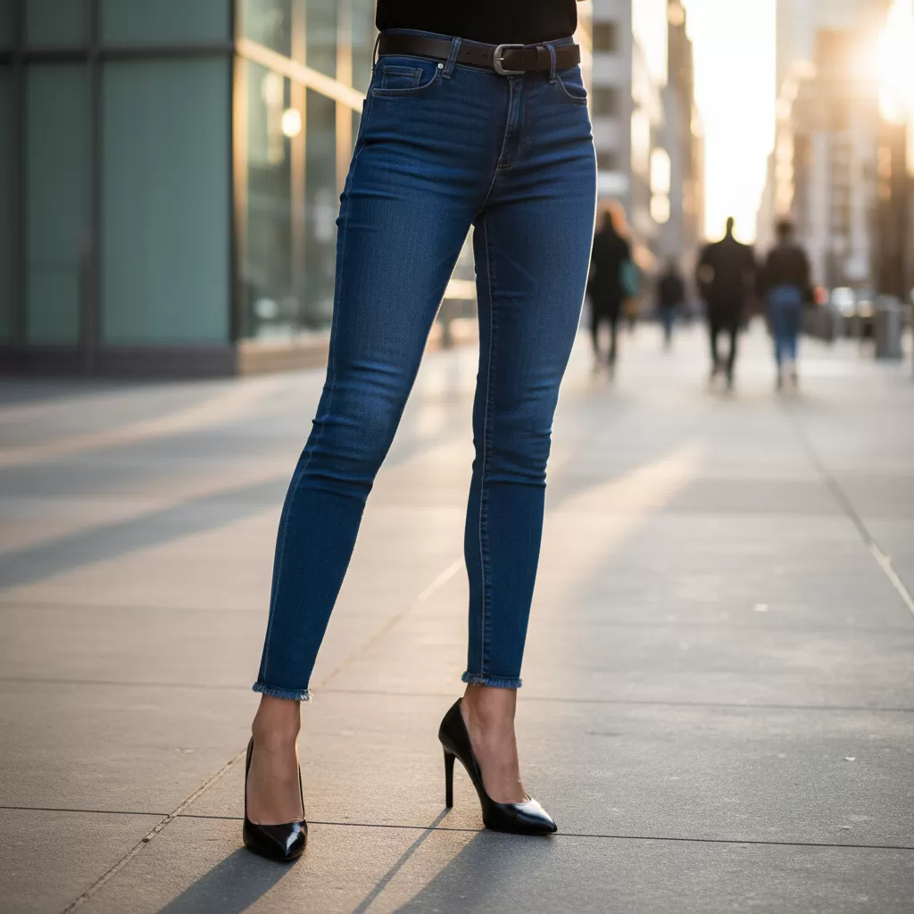 gemini_image_1770607804-1 Sự kết hợp hoàn hảo giữa quần jean ôm và giày cao gót giúp tối ưu hóa chiều cao