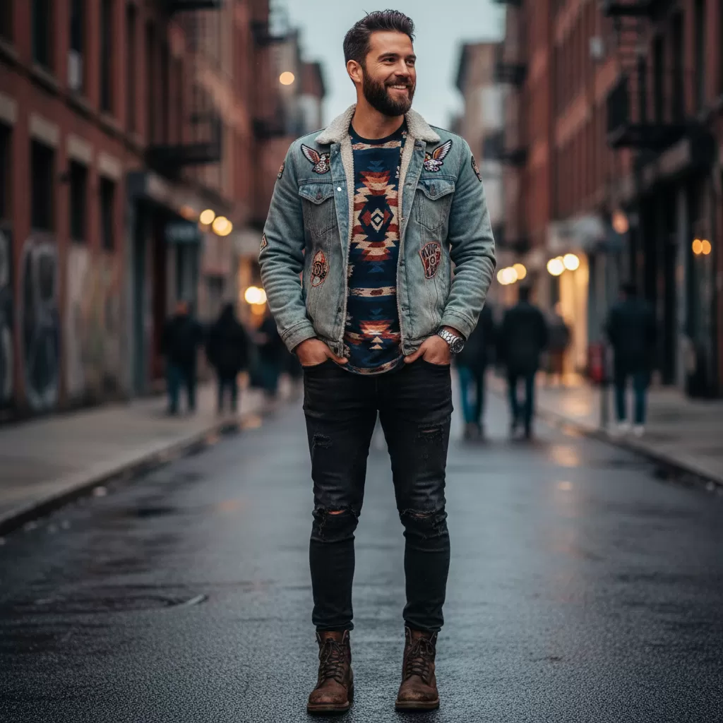 gemini_image_1770608096 Layering áo khoác bên ngoài áo thun và quần jean đen giúp phái mạnh thêm phần lôi cuốn và nam tính