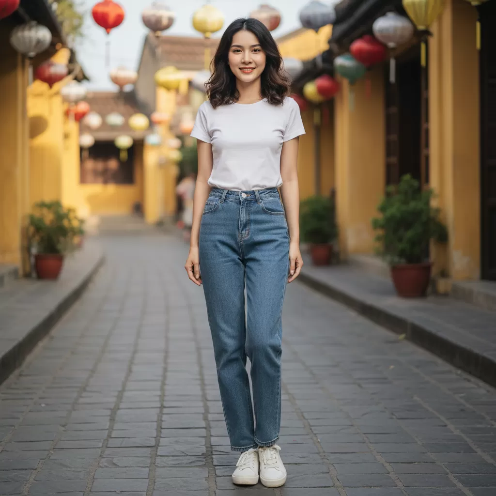 gemini_image_1770608356 Quần jean cạp cao kết hợp cùng ống đứng giúp kéo dài đôi chân đáng kể