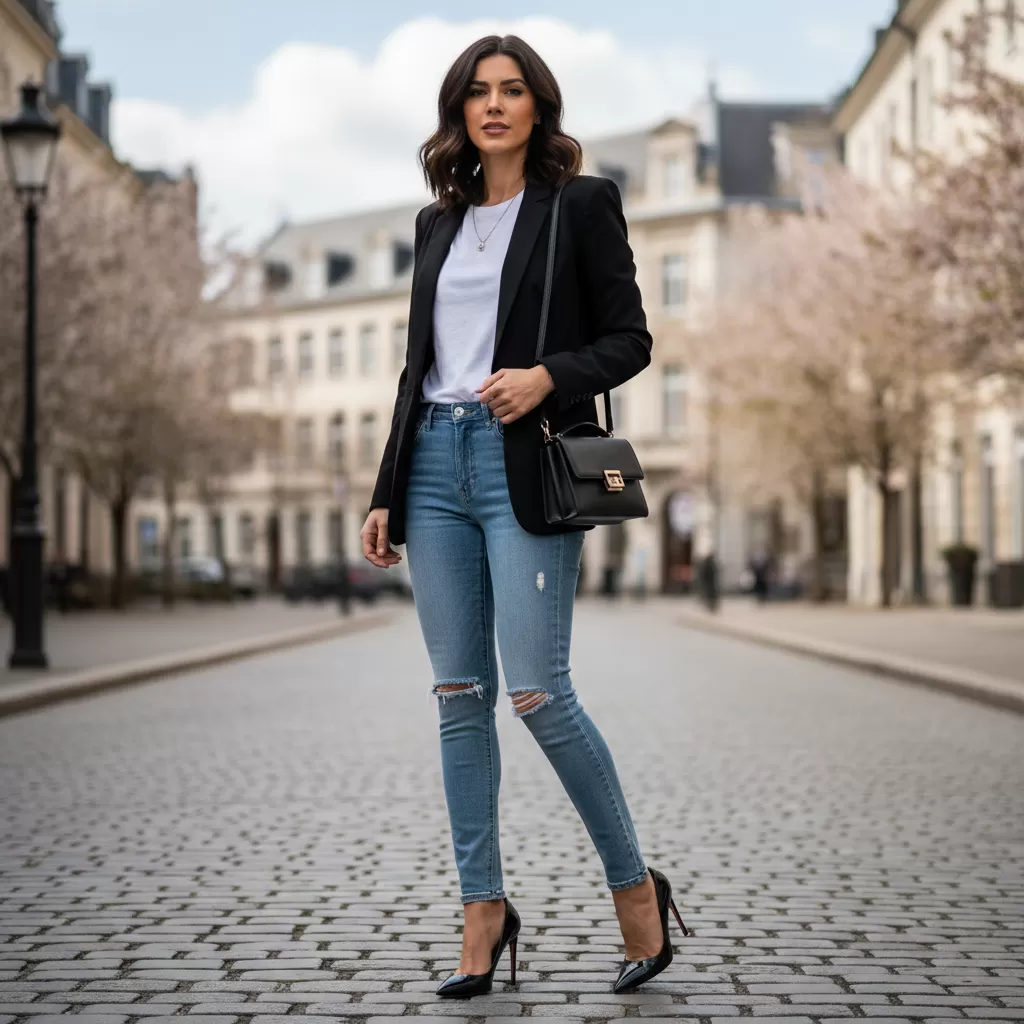 gemini_image_1770608956-1 Sự kết hợp giữa quần jean rách và blazer tạo nên vẻ ngoài chuyên nghiệp nhưng vẫn đầy phá cách
