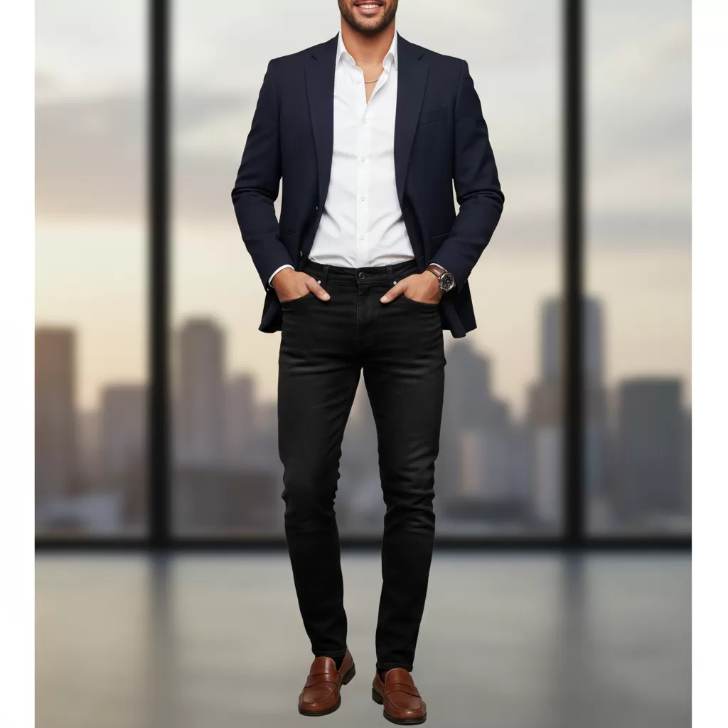 gemini_image_1770609261-1 Sự kết hợp giữa quần jean đen và áo blazer mang lại vẻ ngoài chuyên nghiệp và lịch lãm