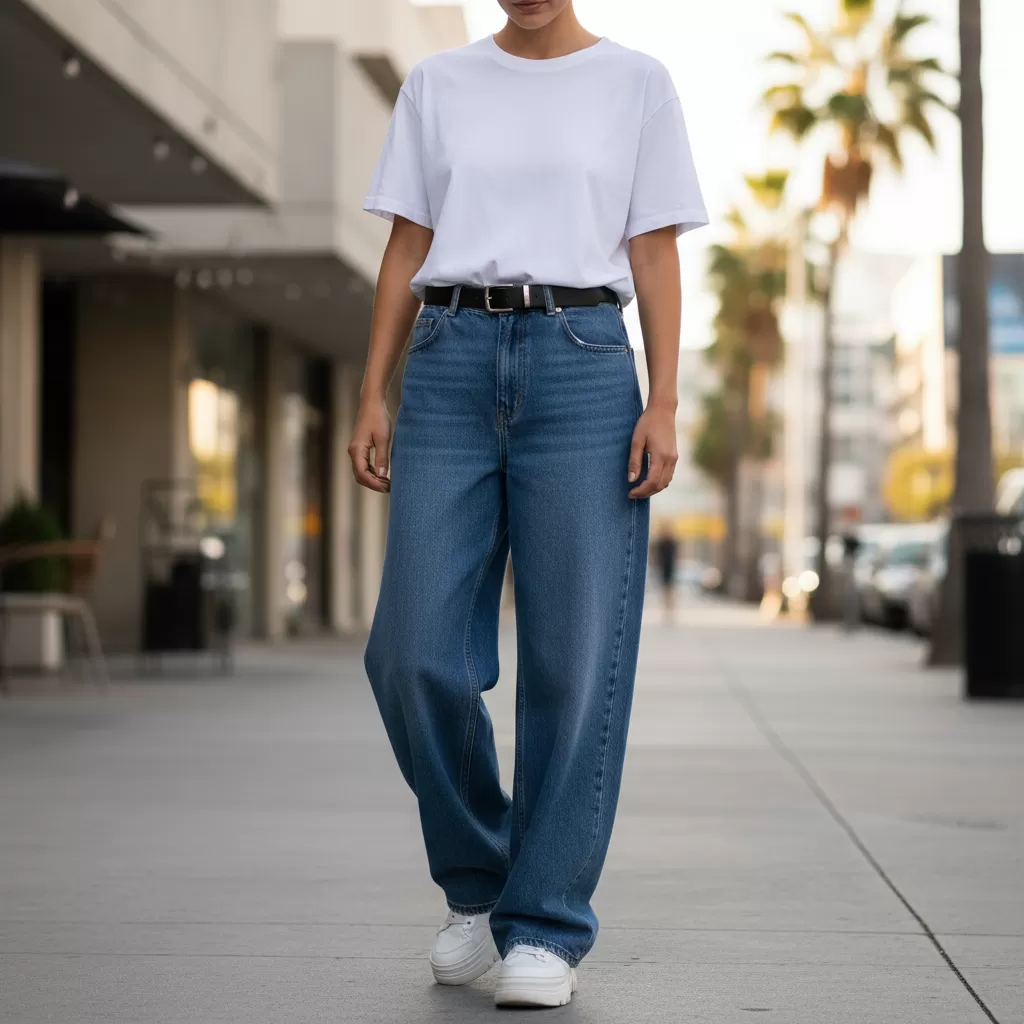 gemini_image_1770609554-1 Quần jean ống rộng mang lại vẻ ngoài phóng khoáng và hiện đại cho cả nam và nữ