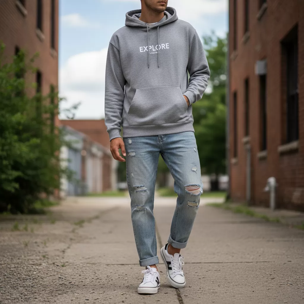 gemini_image_1770609555 Sự kết hợp hoàn hảo giữa quần jean unisex và áo hoodie tạo nên phong cách năng động