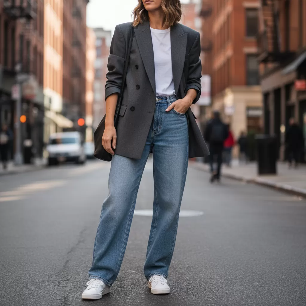 gemini_image_1770609860 Phong cách thời thượng khi kết hợp quần jean ống rộng cùng blazer