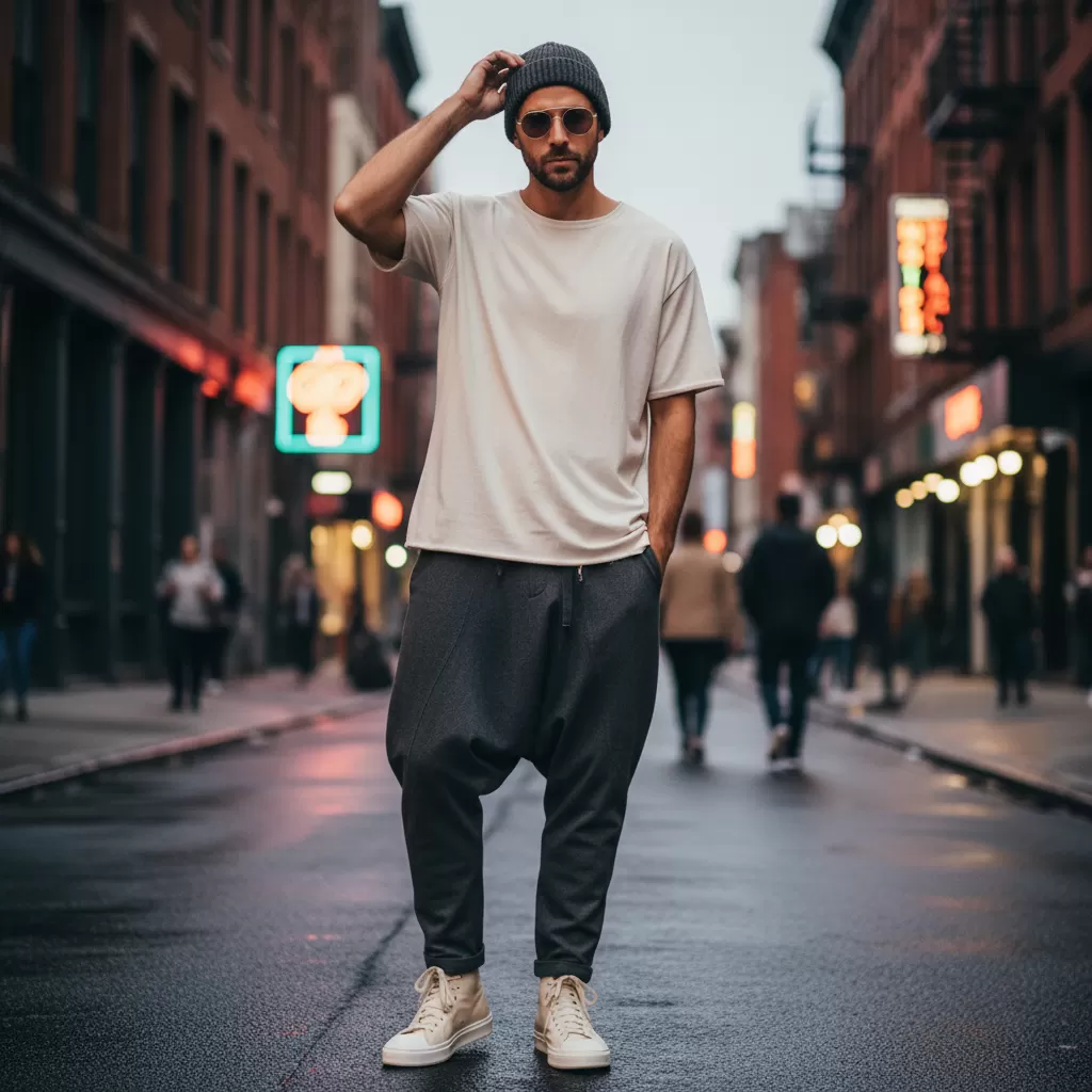 Sự kết hợp hoàn hảo giữa quần drop crotch và giày sneakers cổ cao