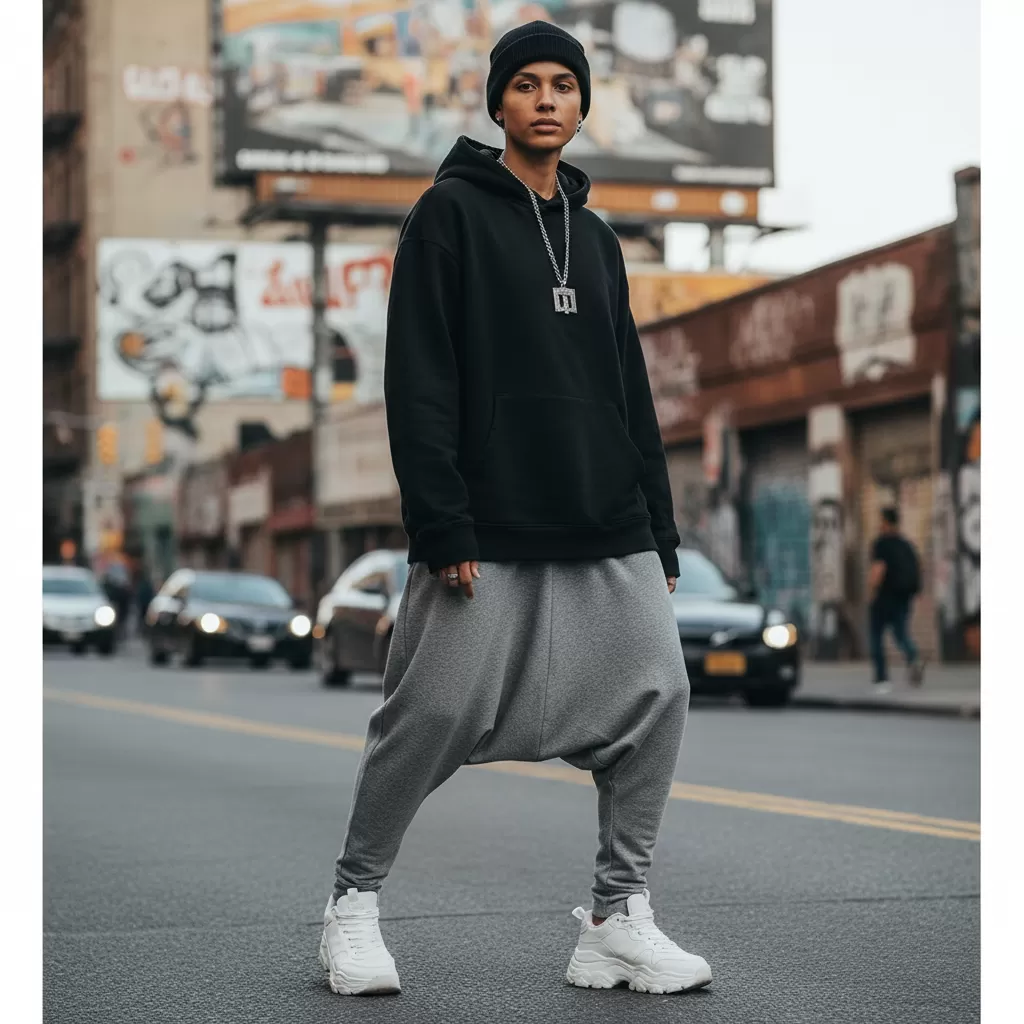 gemini_image_1770610455 Quần thun drop crotch unisex mang lại diện mạo cá tính và hiện đại