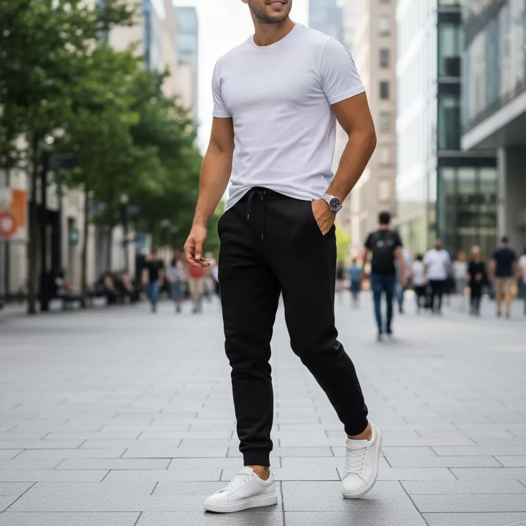 gemini_image_1770611056 Sự kết hợp đơn giản giữa quần thun và sneaker tạo nên phong cách năng động