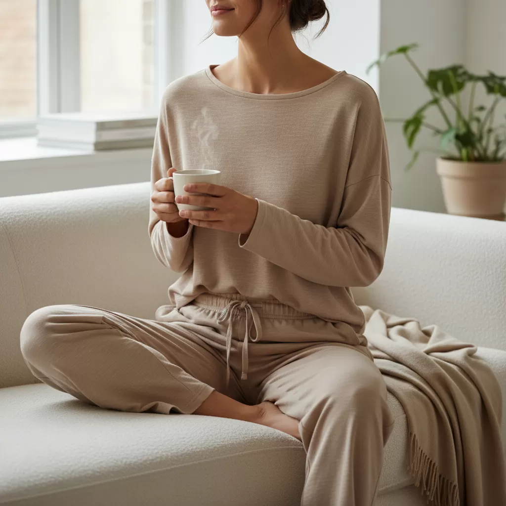 gemini_image_1770611359 Màu sắc nhã nhặn giúp bộ đồ mặc nhà trở nên sang trọng và tinh tế hơn