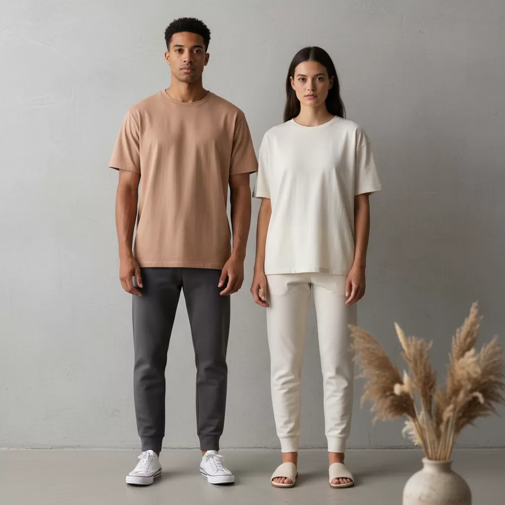 gemini_image_1770612034 Set áo thun và quần thun mang phong cách tối giản nhưng vô cùng thanh lịch và hiện đại