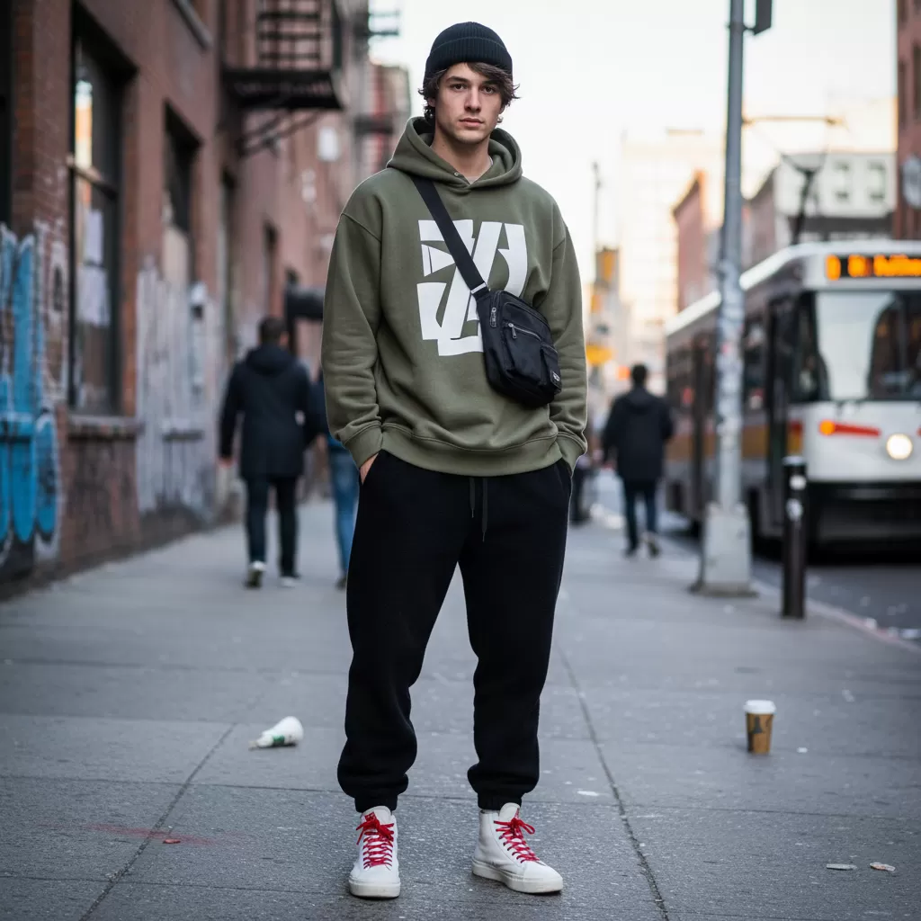 Sự kết hợp giữa quần thun đen và áo hoodie mang lại vẻ ngoài trẻ trung khỏe khoắn