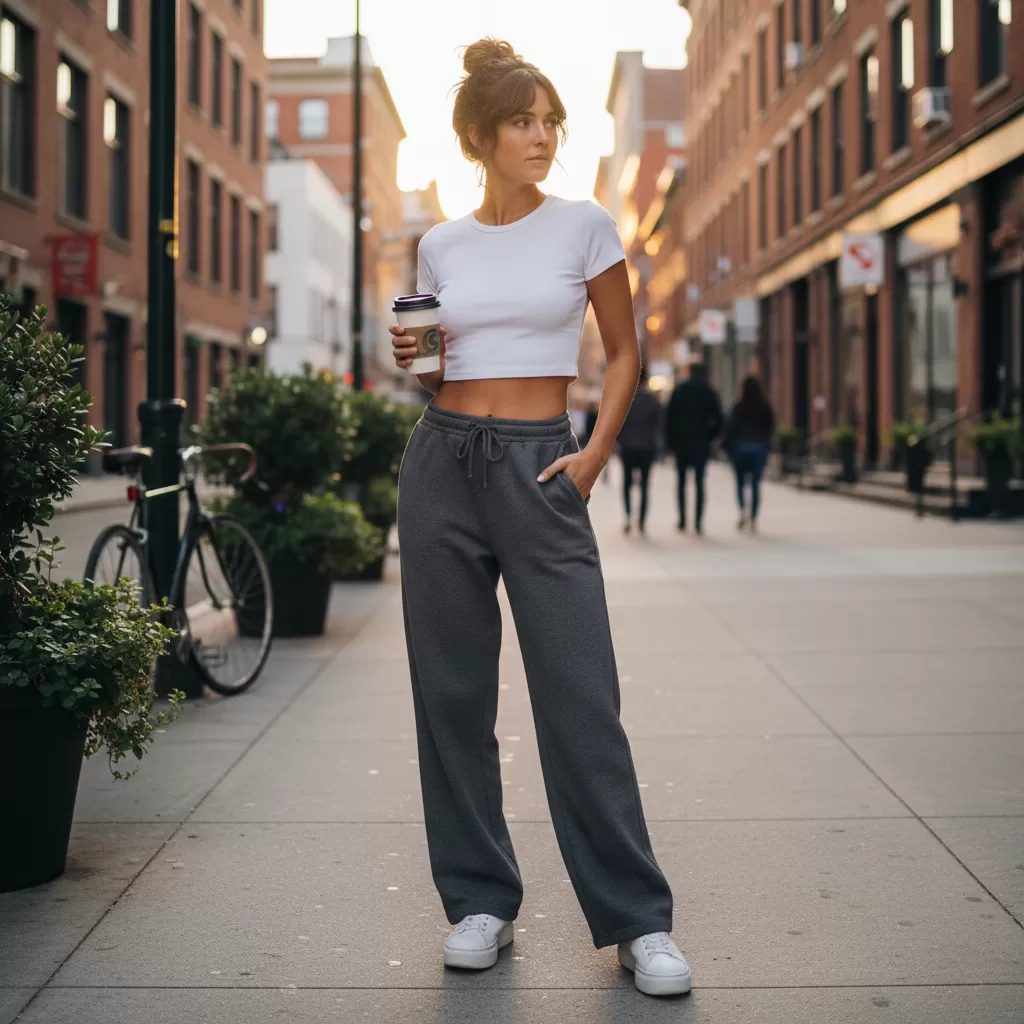 gemini_image_1770612890-1 Sự kết hợp giữa quần thun rộng và áo ôm sát tạo nên tỷ lệ cơ thể hoàn hảo