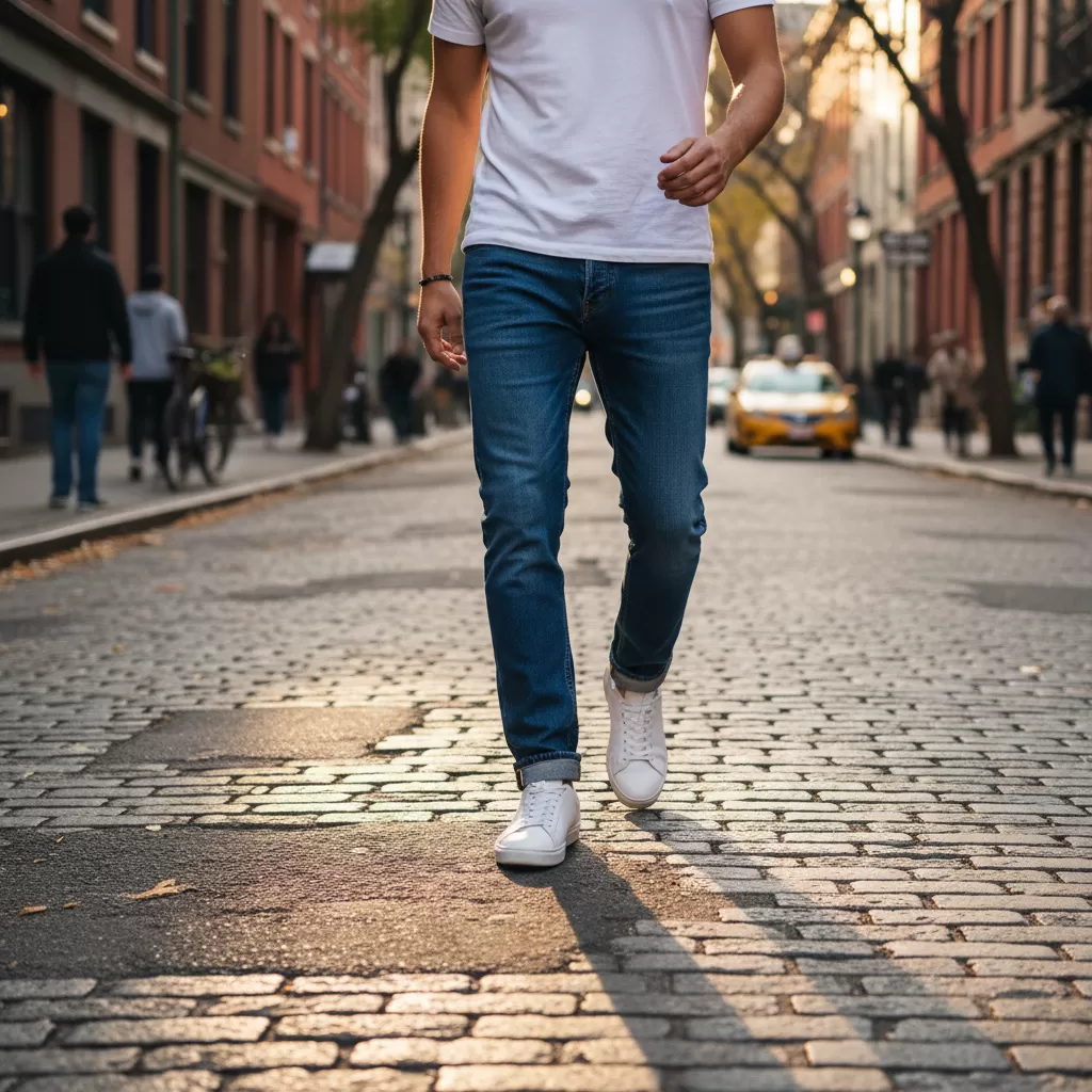 Sự kết hợp kinh điển giữa sneaker trắng và quần jeans mang lại vẻ ngoài năng động