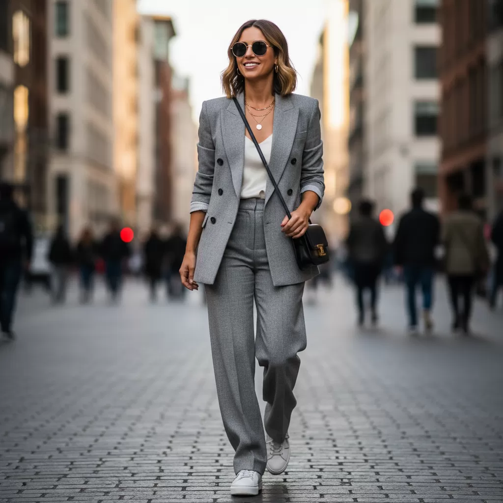 Sneaker trắng kết hợp cùng blazer tạo nên phong cách công sở hiện đại và thanh lịch