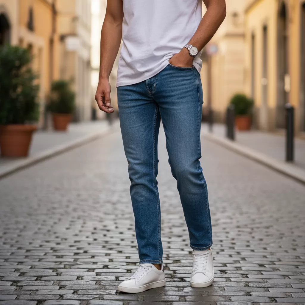 Combo quần jean và áo thun cơ bản khi kết hợp cùng sneaker trắng tạo vẻ ngoài năng động