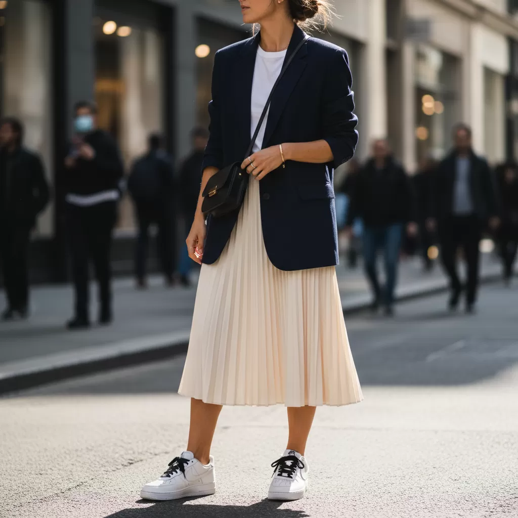 gemini_image_1770613852-1 Phối Nike Air Force 1 cùng chân váy tạo nên vẻ ngoài thanh lịch và hiện đại