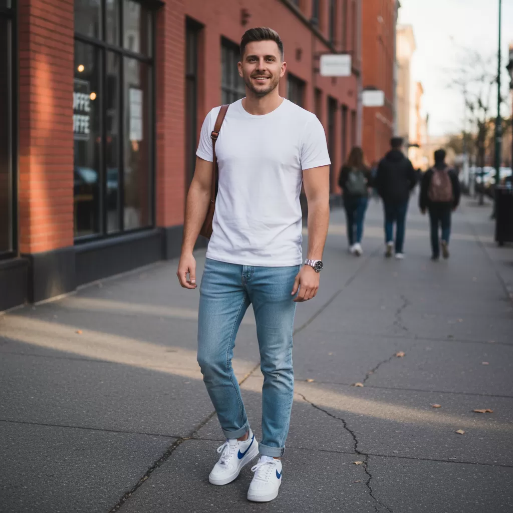 gemini_image_1770613852 Sự kết hợp kinh điển giữa Nike Air Force 1 và quần Jeans mang lại vẻ ngoài năng động