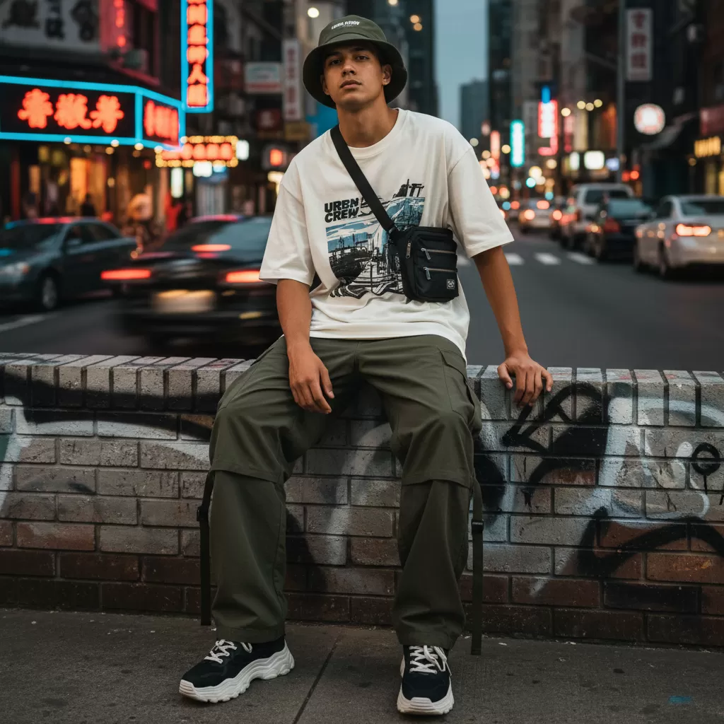 gemini_image_1770616496 Áo thun oversize và quần phom rộng là những món đồ cơ bản nhưng hiệu quả