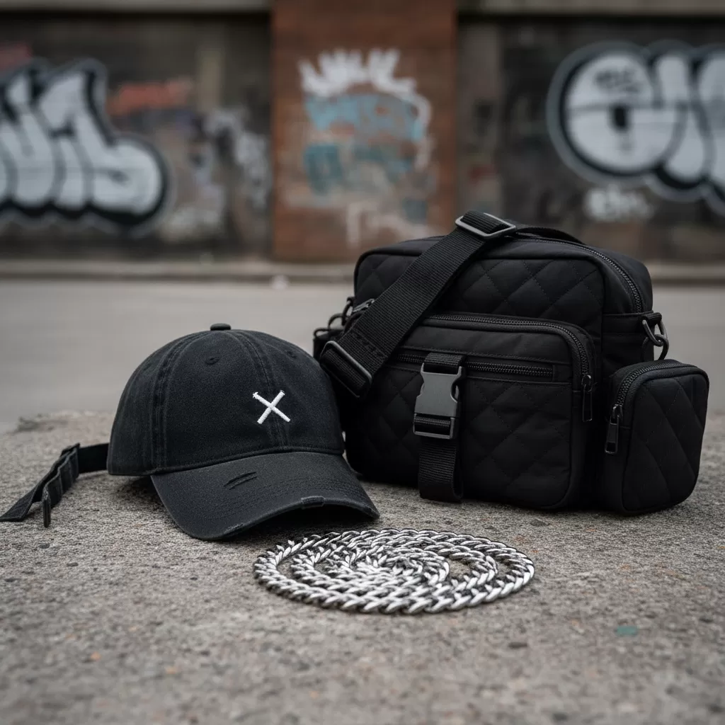 gemini_image_1770617117-1 Phụ kiện kim loại và mũ là những yếu tố không thể thiếu để nâng tầm bộ trang phục đường phố