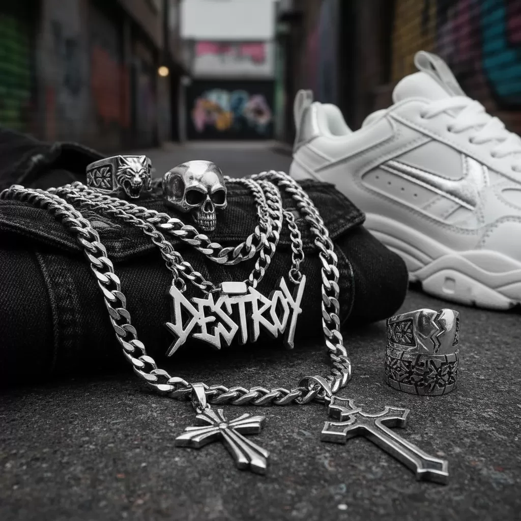 gemini_image_1770617432-1 Trang sức kim loại mang lại vẻ ngoài sắc sảo và hiện đại cho các tín đồ đường phố