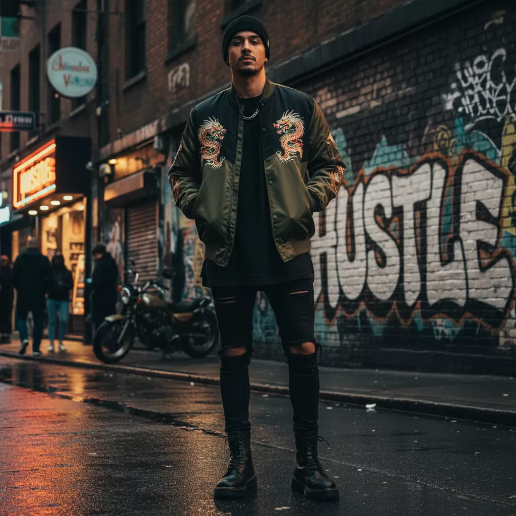 gemini_image_1770617688-1 Áo khoác bomber mang lại diện mạo năng động và mạnh mẽ khi kết hợp cùng áo thun